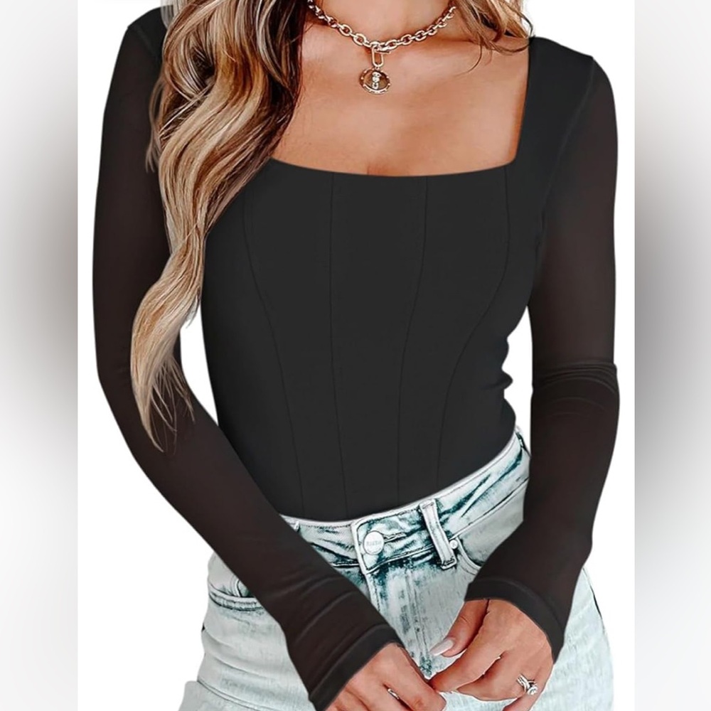 Square Neck Corset-Look Bodysuit, Black with Breathable Mesh Long Sleeves - Med